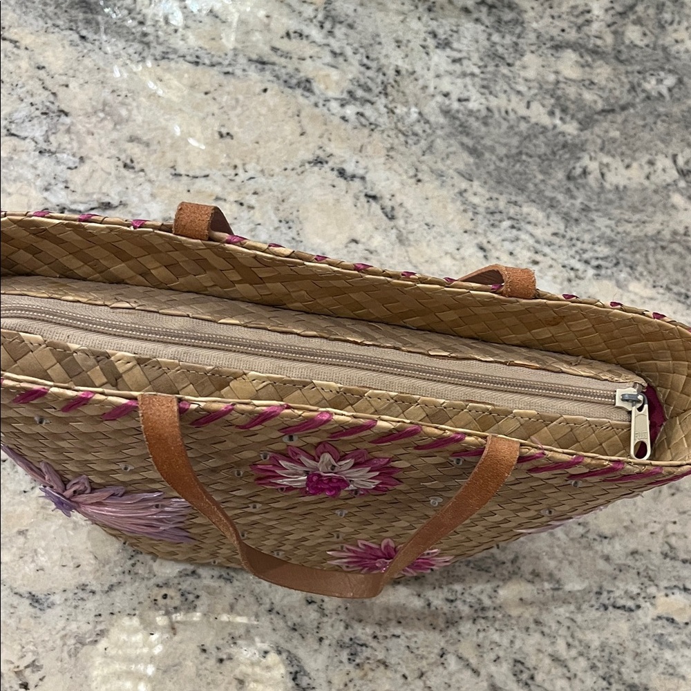 Floral Woven Tote Bag - Tan and Pink - Picture 4 of 11